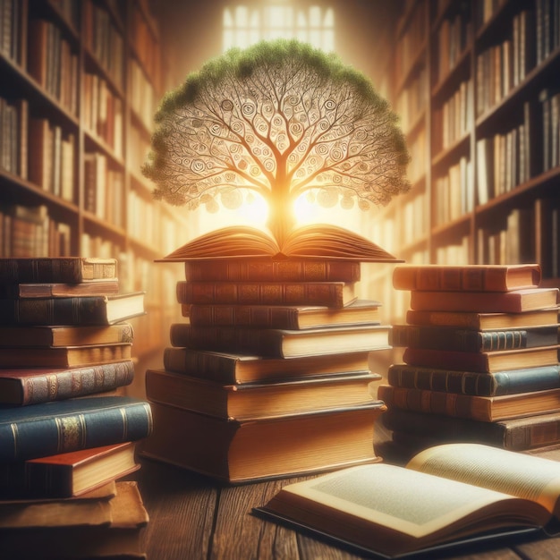 Foto background del giorno del libro stack di libri un albero della conoscenza nell'apertura vecchio libro