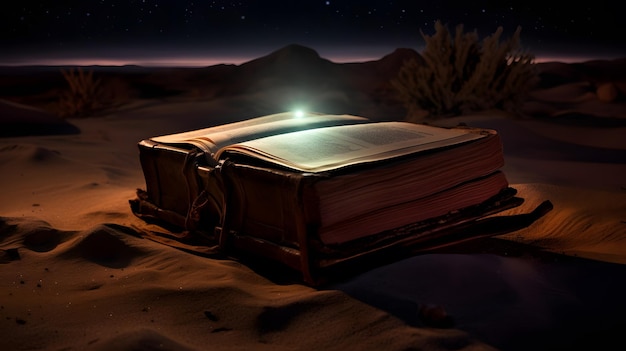 A book in the desert with a light on it