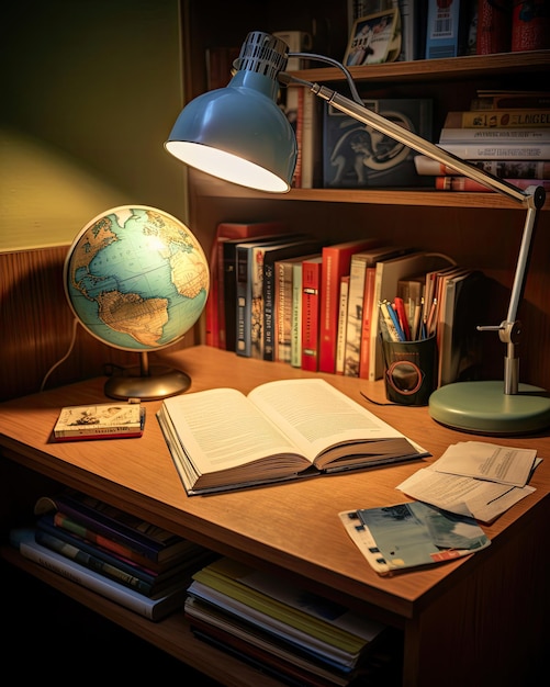 a book on a desk with a globe on top of it