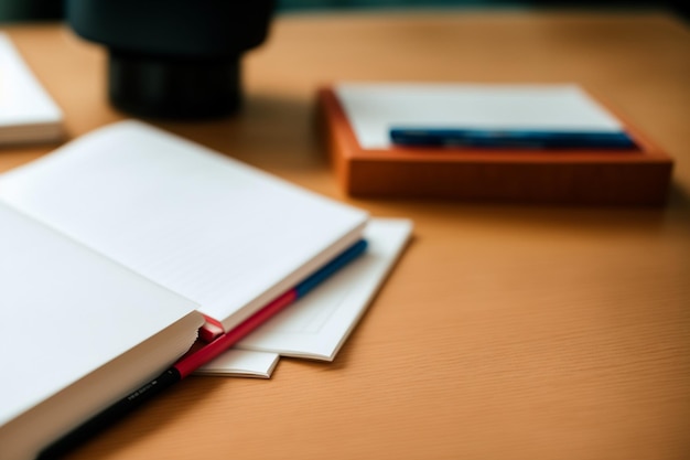 A book on a desk with a pen on it