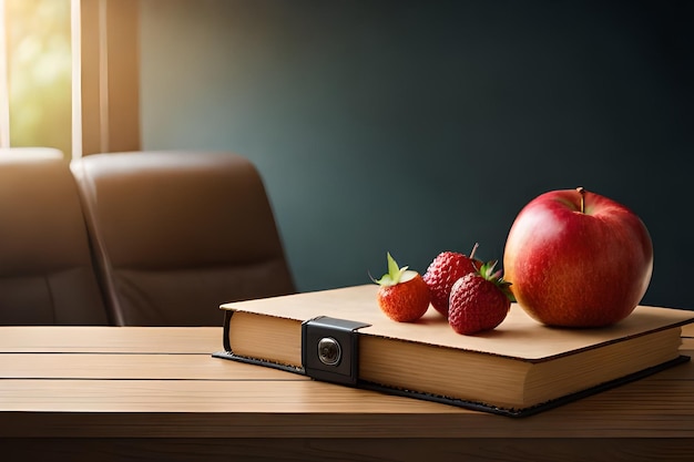 A book on a desk with a red apple on it