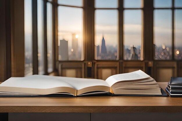 Premium Photo | A book on a desk with a view of the city in the background