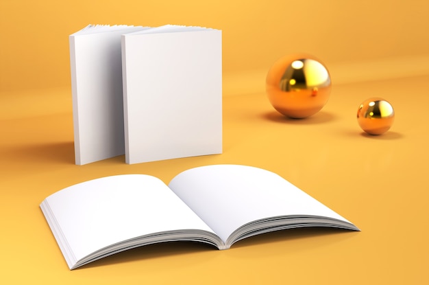 Photo book empty spread mockup 3d render illustration of opened clear notepad template setting on yellow