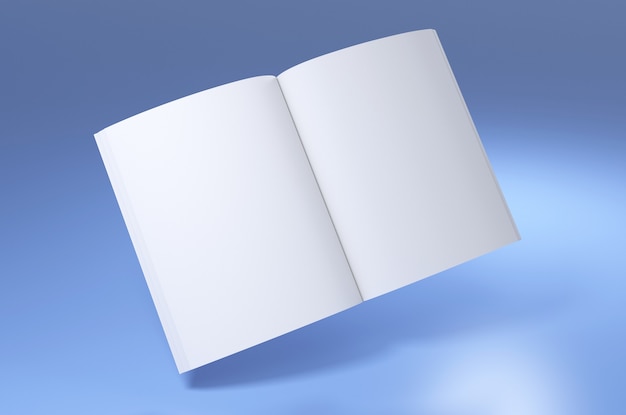 Photo book empty spread white mockup 3d render illustration of opened clear notepad template blue color