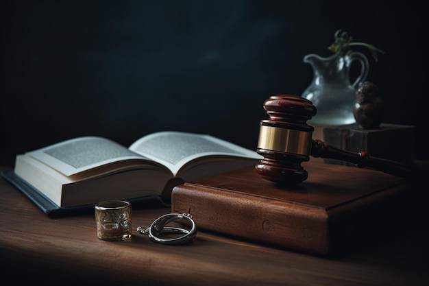 A book and a gavel on a desk with a book on it