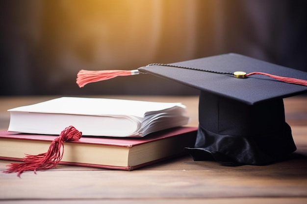 Foto libro e tappo di laurea su un tavolo concepto di scuola e università di istruzione