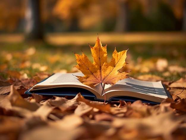 A book on the ground with a leaf on it