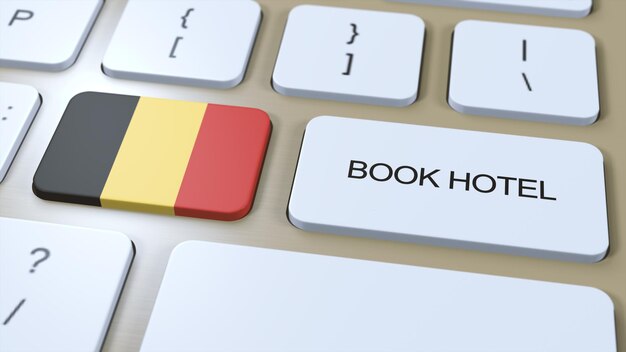 Забронируйте отель в Бельгии с веб-сайтом онлайн Кнопка на клавиатуре компьютера Концепция путешествия 3D