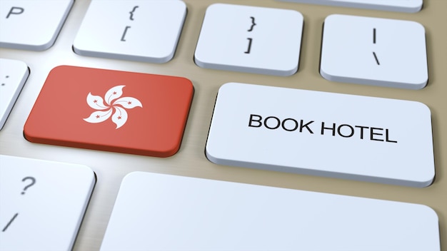 Photo book hotel in hong kong with website online button on computer keyboard travel concept 3d