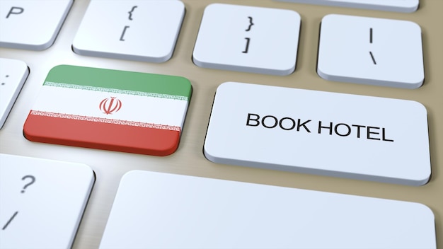 Book hotel in Iran with website online Button on computer keyboard Travel concept 3D