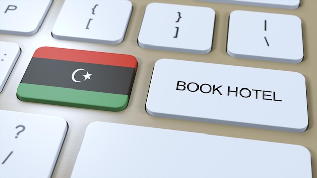 Book hotel in Libya with website online Button on computer keyboard Travel concept 3D