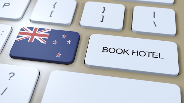 Забронируйте отель в Новой Зеландии с помощью веб-сайта онлайн Кнопка на клавиатуре компьютера Концепция путешествия 3D