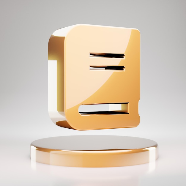 本のアイコン。金色の表彰台にイエローゴールドの本のシンボル。 3Dレンダリングされたソーシャルメディアアイコン。