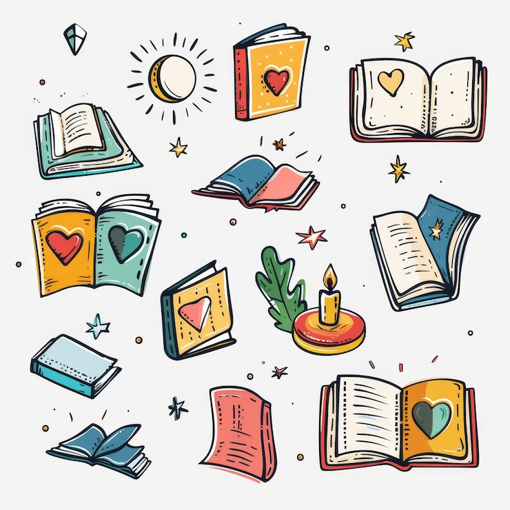 Photo book icons doodle textbook symbol sketched education pictogram bookstore logo library graphic element