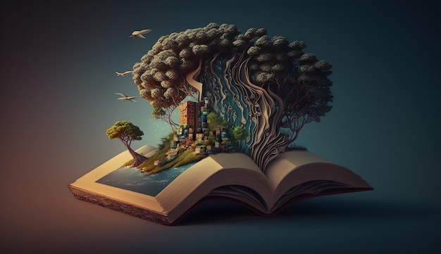 Book illustration with big tree and city world book day concept