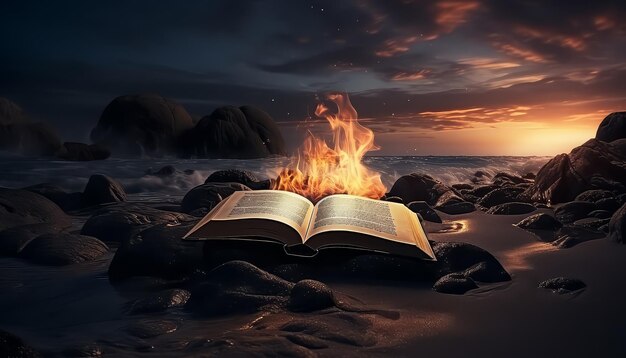 Photo a book is on fire on a beach