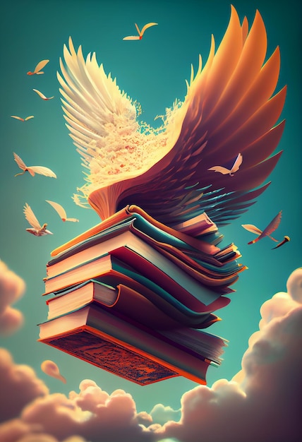 A book is flying on a stack of books.