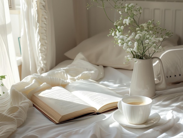 A book is open on a bed with a vase of flowers and a cup of tea