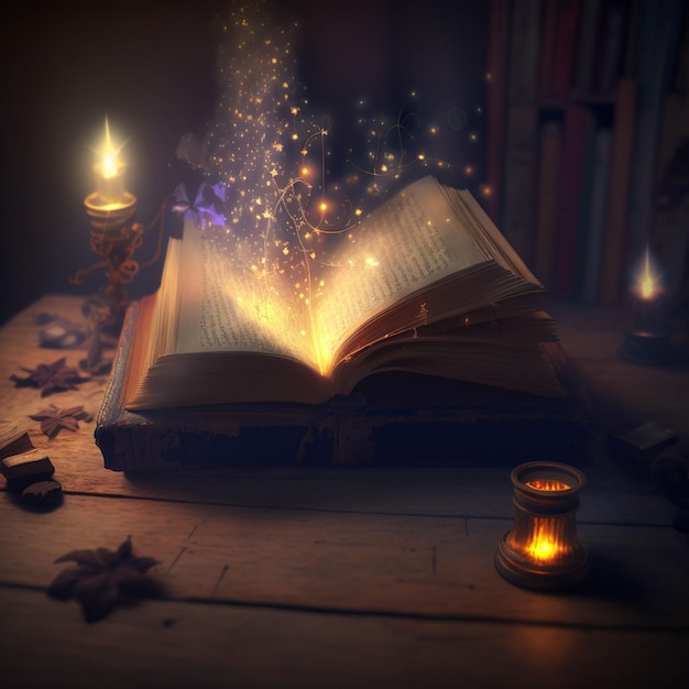 A book is open to a magic spell.