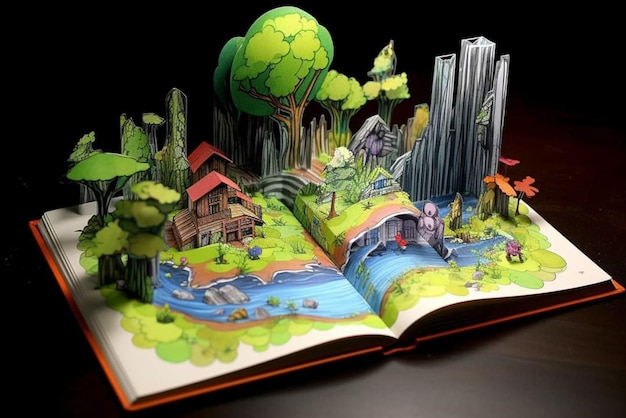 A book is open to a page that has a house and trees on it.