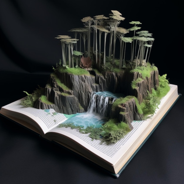 A book is open to a page that has a waterfall on it.