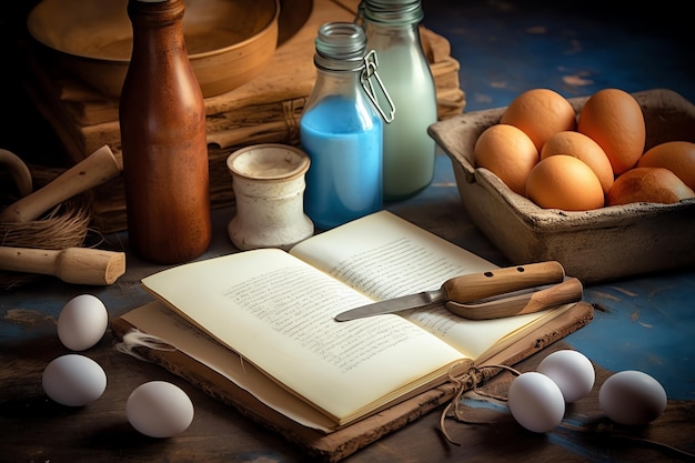 A book is open to a page with eggs and a blue egg on it.