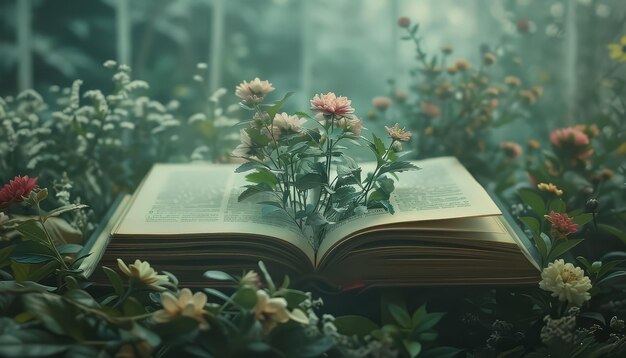 A book is open to a page with a field of yellow flowers