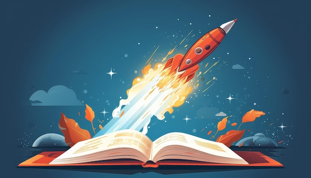 Photo a book is open to a page with a rocket on it