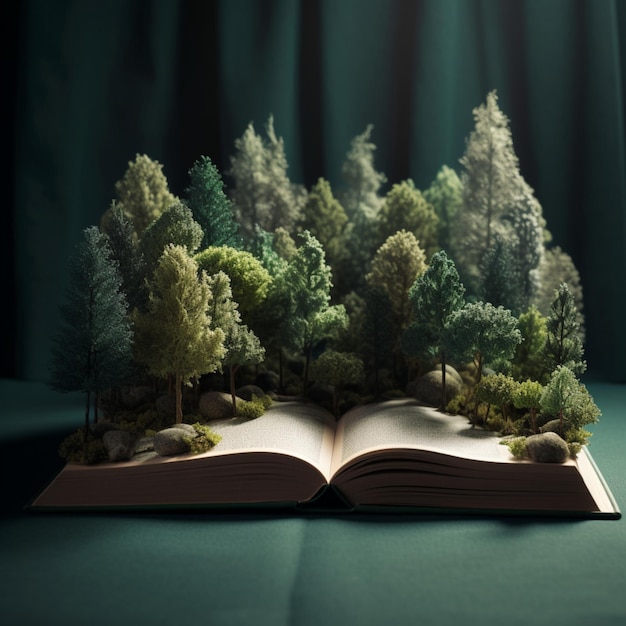 A book is open to a page with trees on it.