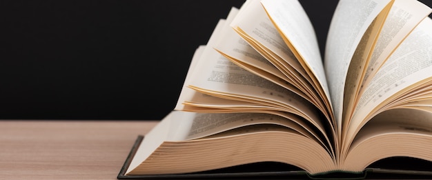 The book is open sheets fanned out on a black background