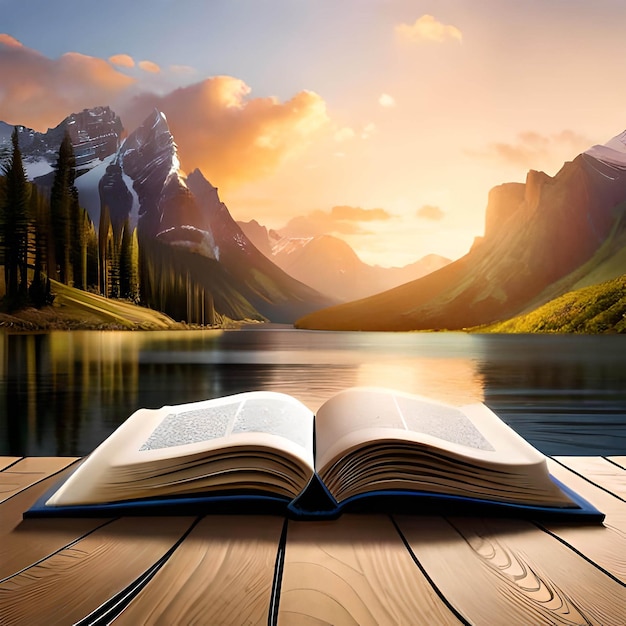 A book is open on a wooden deck with mountains in the background.