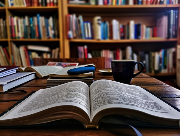 A book is open on a wooden table in front of a brick wall