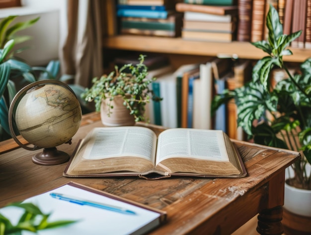 A book is open on a wooden table in front of a brick wall