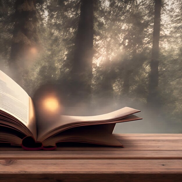 A book is open on a wooden table with a forest in the background.