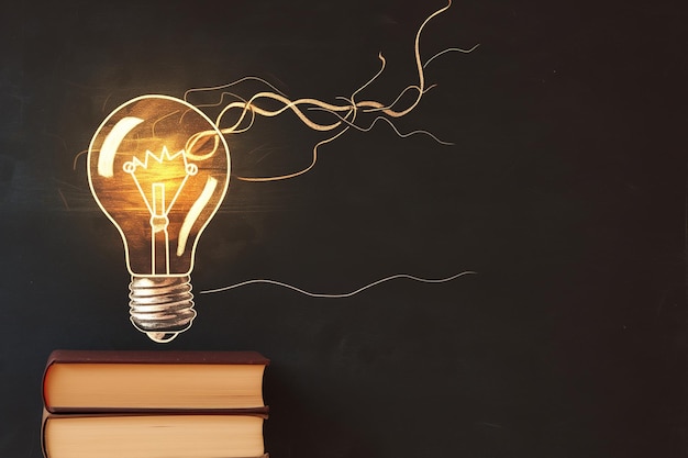 Book and light bulb drawing on blackboard background