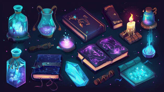 Photo book of magic spells alchemy grimoire with magical glow and sparks wizard diary with ancient esoteric recipes and enchantments cartoon series with illustrations