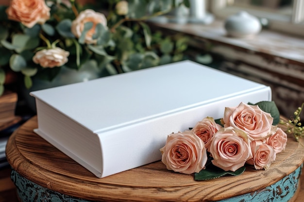 Book mockup with roses on table