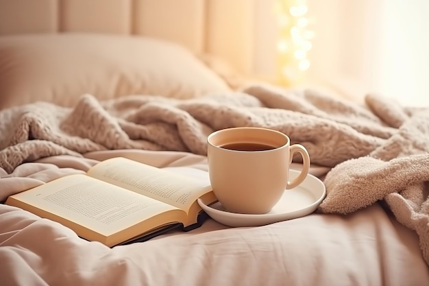 A book and a mug of coffee on the bed for relaxation