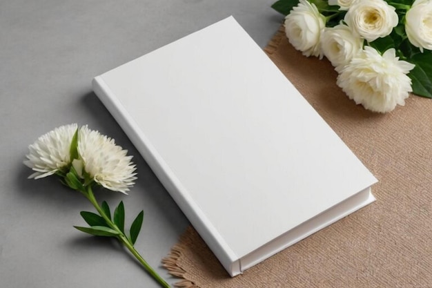 Photo book or notebook cover mockup with blooming twig and flowers