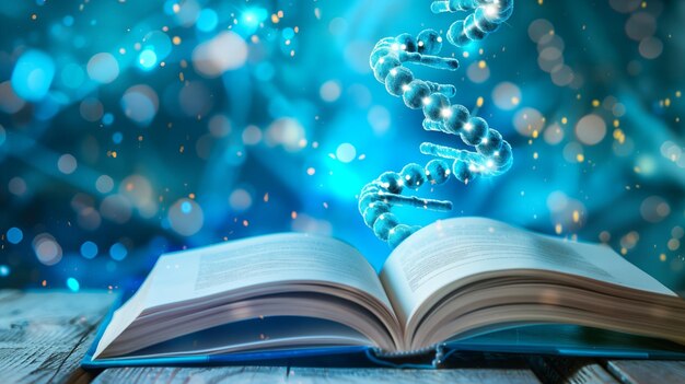 Book open against genome backdrop scientific exploration