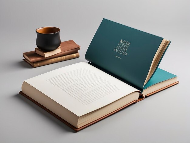 a book open on a table next to a cup of coffee and a book