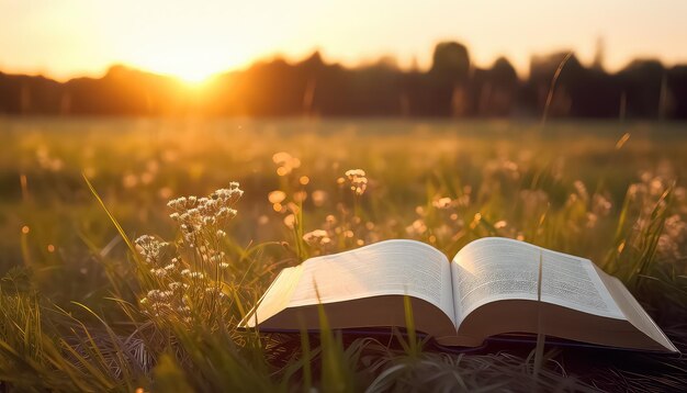 Book open on wheat field at sunset