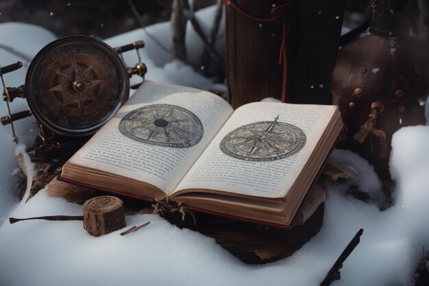 A book opened to a compass and a compass on a table with snow on the ground.