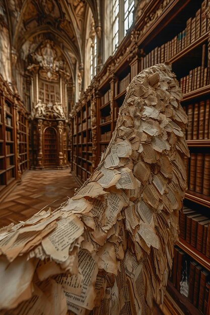 Foto ali di pagine di libri attaccate a uno specchio in una biblioteca in legno con alti scaffali per libri