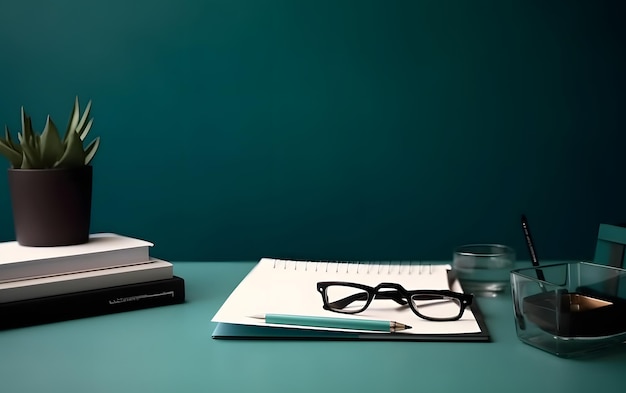 A book, a pen, and a pen sit on a desk next to a stack of books.