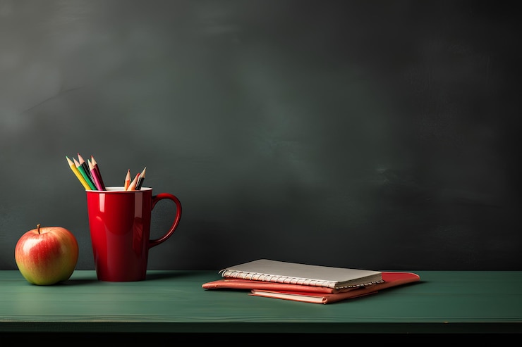 Photo a book pencils and cup next to a chalkboard
