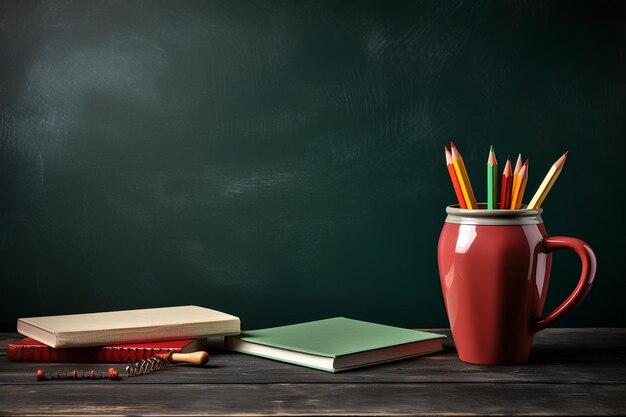 a book pencils and cup next to a chalkboard