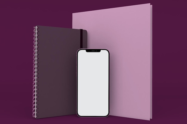 Book and phone front side isolated in purple background