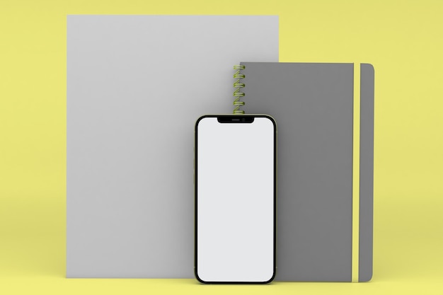 Photo book and phone front side isolated in yellow background