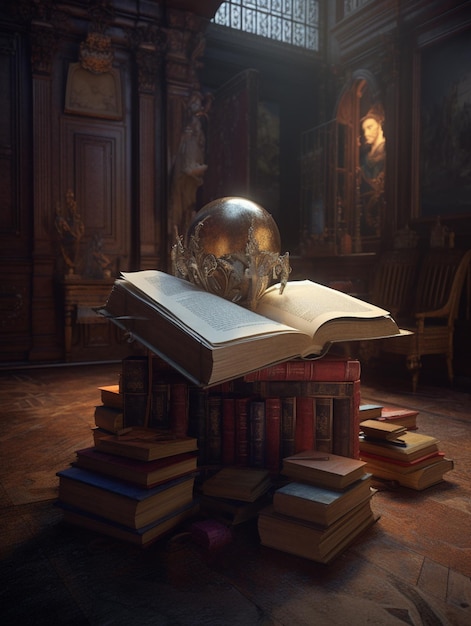 A book on a pile of books with a globe on the top